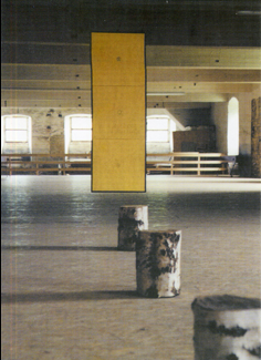 Heide Welslau. 3 x 1 = 1, (oder: Ein Mensch fährt in der Sonne Fahrrad), Bild und Birkenstämme, 2001